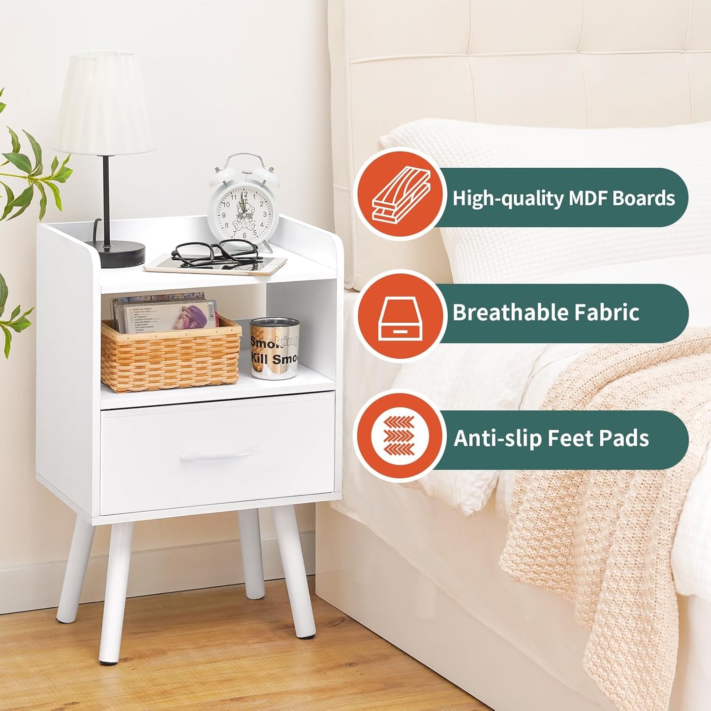 Modern Nightstand with Drawer, Bedside Tables, Mid Century Nightstands with Open Storage Shelf, Wood Bedside Table, Small Night Stands for Bedrooms, 2-Tier Night Table