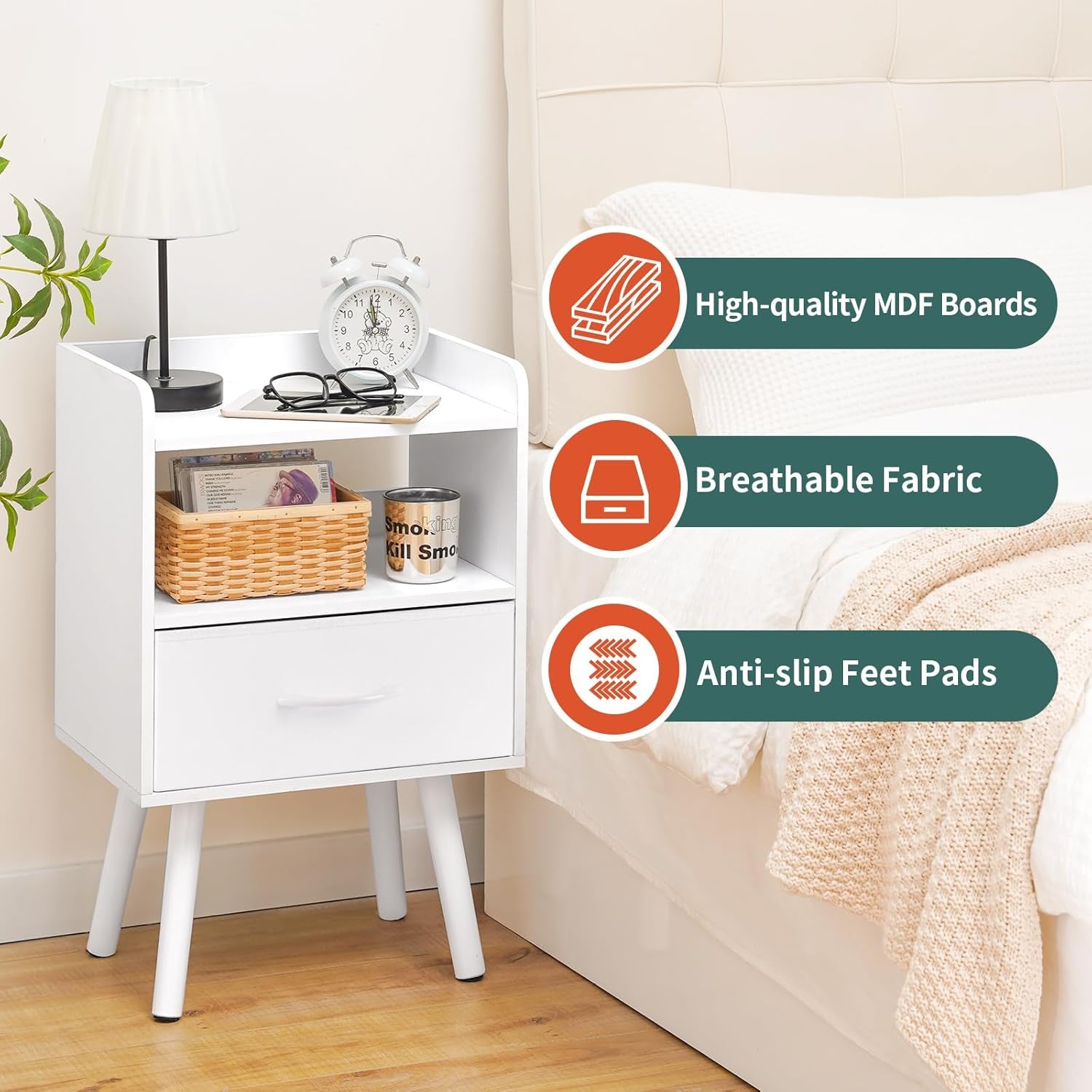 Modern Nightstand with Drawer, Bedside Tables, Mid Century Nightstands with Open Storage Shelf, Wood Bedside Table, Small Night Stands for Bedrooms, 2-Tier Night Table