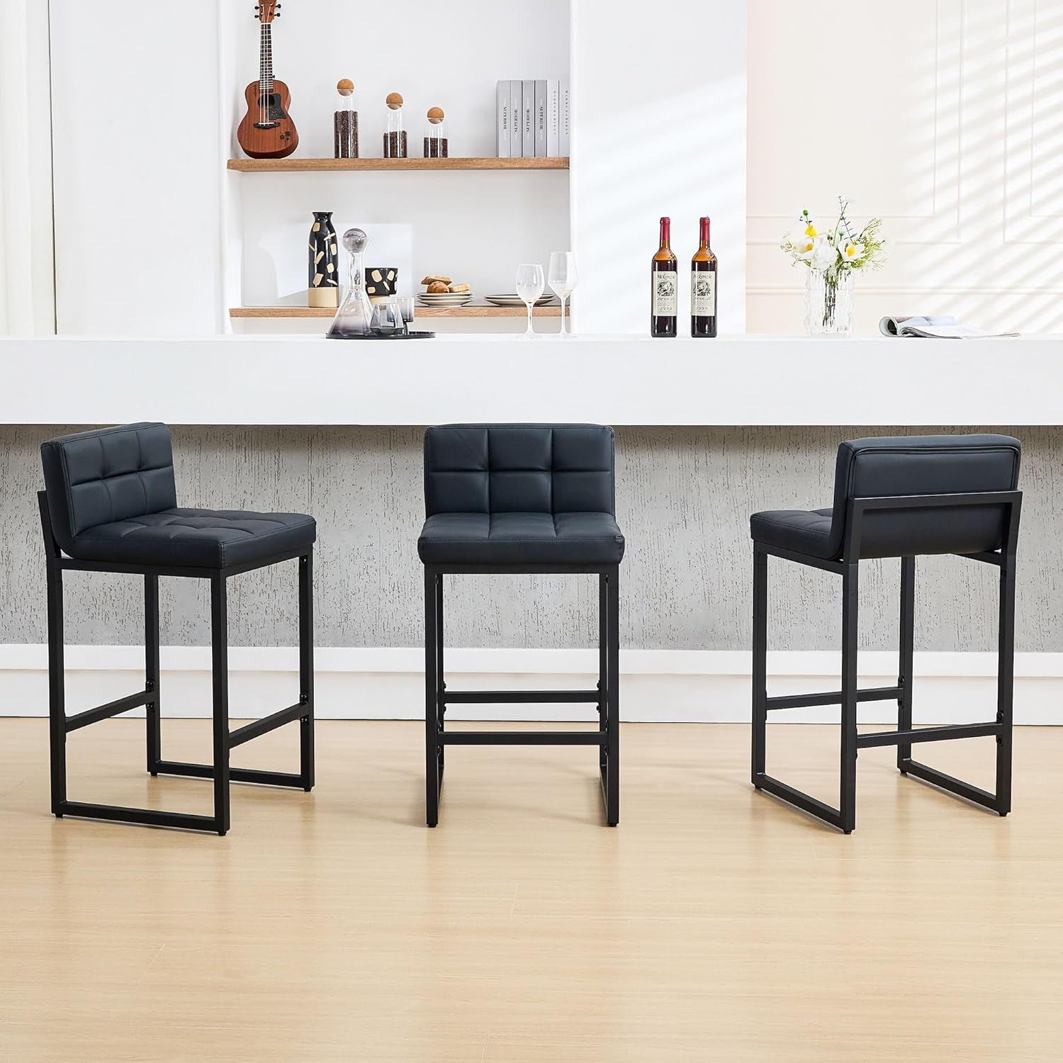 Bar Stools Set of 3, Upholstered Faux Leather Counter Height Barstools with Low Back and Thickened Metal Legs, Modern Bar Chairs for Kitchen Island, Bar, Counter (Black, 3Pcs 26" Bar Stools)