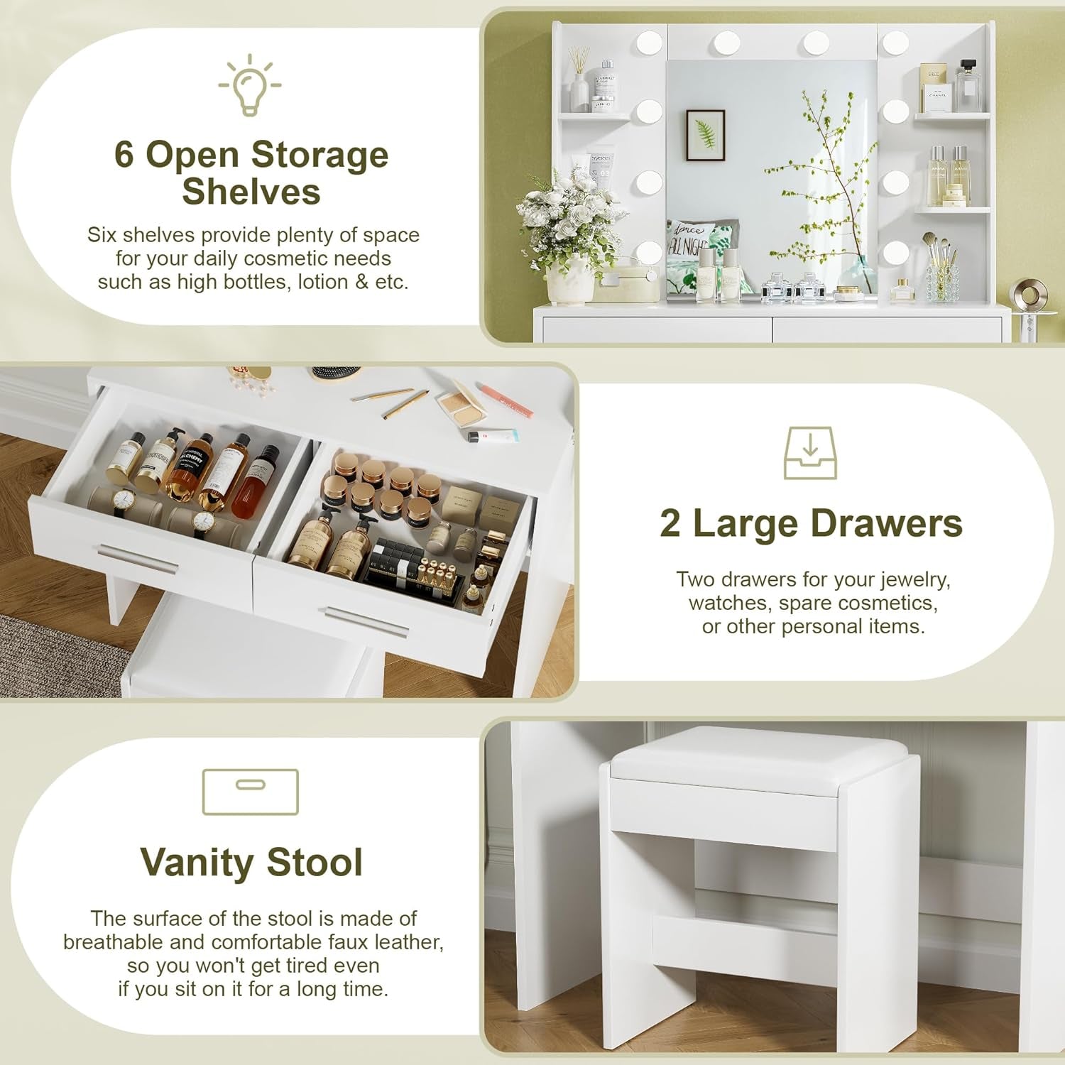 Vanity Desk with Mirror, Makeup Table with 2 Large Drawers, Power Outlet and round Holder, 3 Color Modes Adjustable Bulb, Bench Included, White