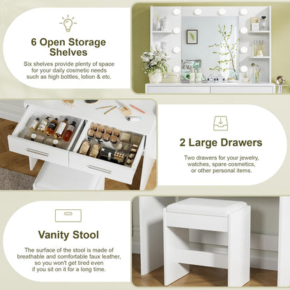 Vanity Desk with Mirror, Makeup Table with 2 Large Drawers, Power Outlet and round Holder, 3 Color Modes Adjustable Bulb, Bench Included, White