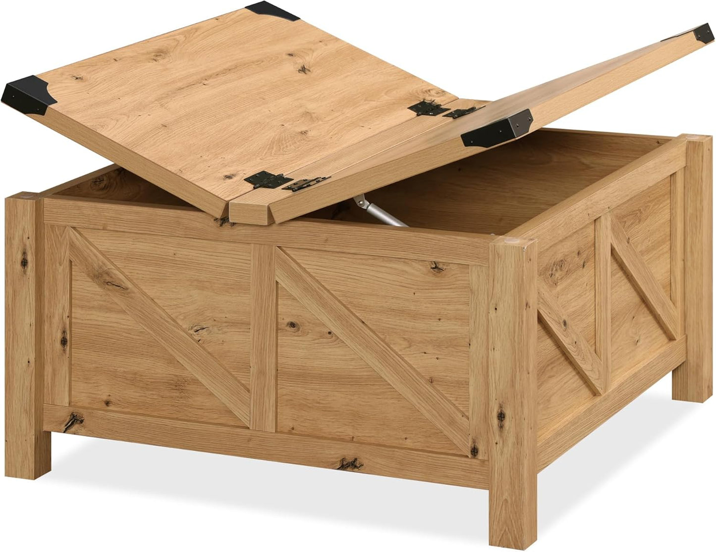 Square Farmhouse Coffee Table with Storage for Living Room, 30X30 Inch Wooden Dining Center Table with Gas Spring Flip-Top for Large Hidden Storage, Metal Wrapped Table Corners,Oak