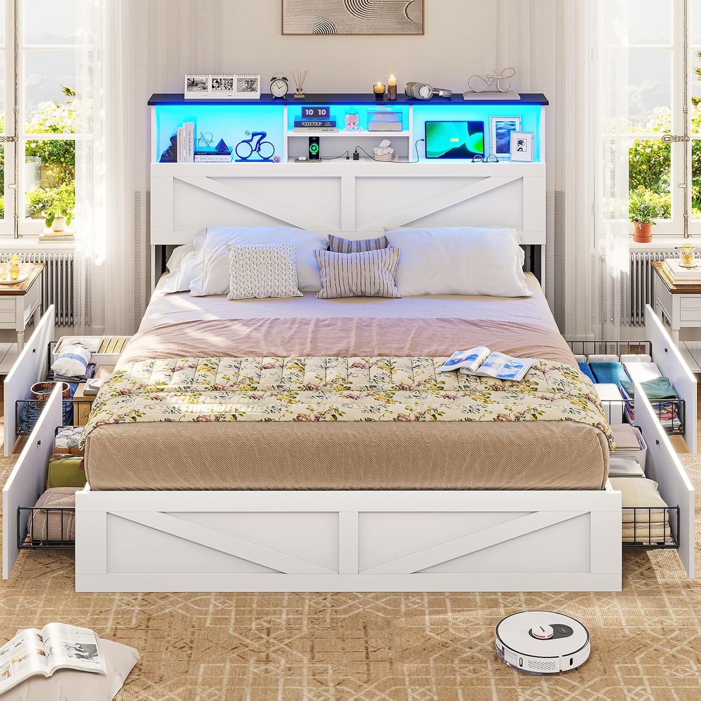 Farmhouse Bed Frame Queen Size with Bookcase Storage Headboard, Charging Station and LED Lights, Wooden Queen Bed Frame with 4 Drawers, Barn Door Design, No Box Spring Needed, No Noise, White