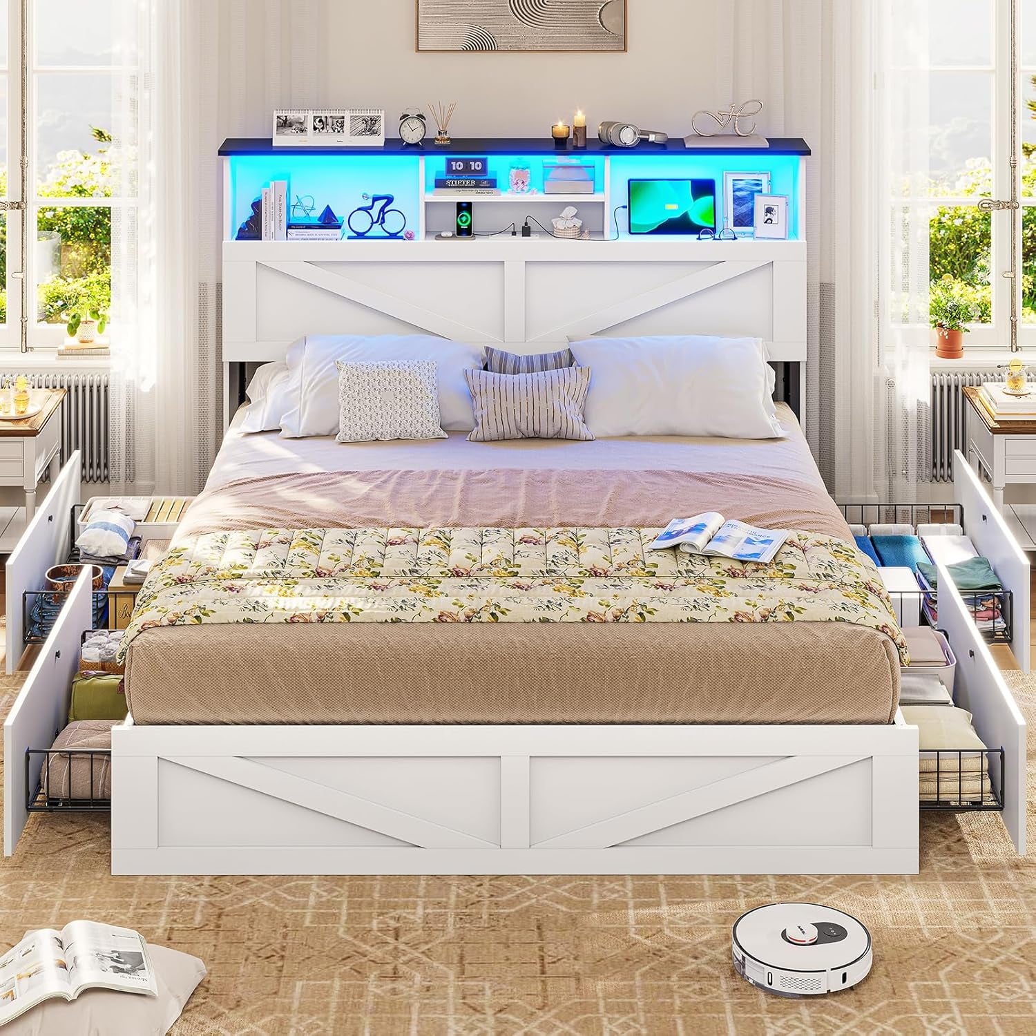 Farmhouse Bed Frame Queen Size with Bookcase Storage Headboard, Charging Station and LED Lights, Wooden Queen Bed Frame with 4 Drawers, Barn Door Design, No Box Spring Needed, No Noise, White