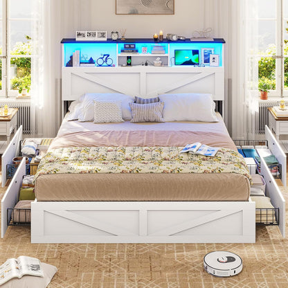 Farmhouse Bed Frame Queen Size with Bookcase Storage Headboard, Charging Station and LED Lights, Wooden Queen Bed Frame with 4 Drawers, Barn Door Design, No Box Spring Needed, No Noise, White