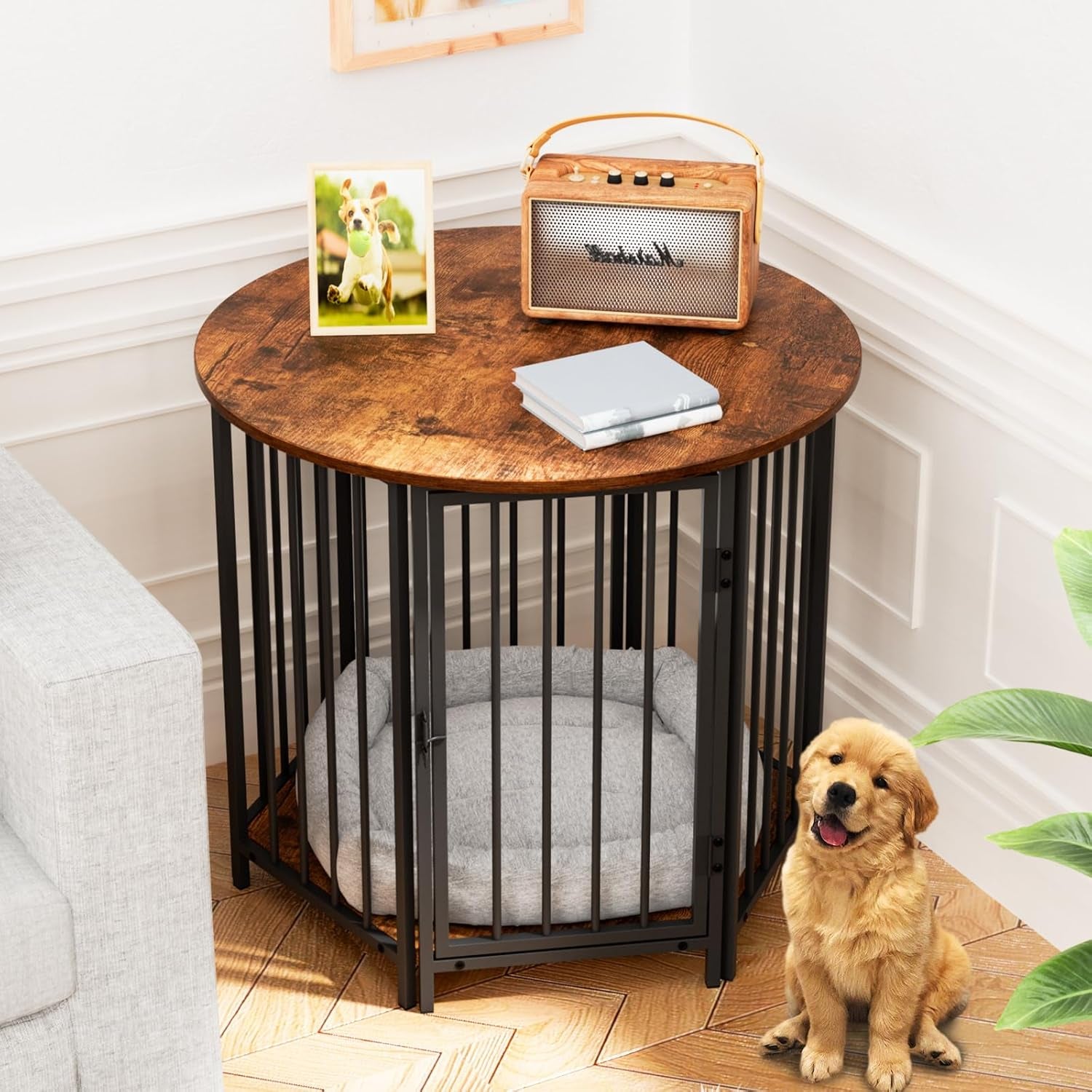 Dog Crate Furniture, Hexagonal Wooden Pet House Dog Crate End Table, Indoor Decorative Dog Kennel Furniture, for Small and Medium Dogs, Cute Dog Cage Furniture, Rustic Brown
