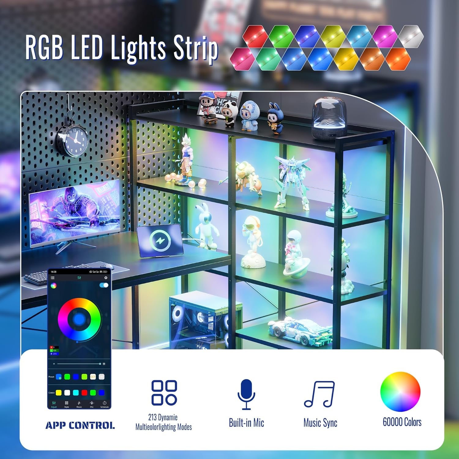 L Shaped Computer Desk with Reversible Side Storage Shelves, 49 Inch Gaming Desk with Power Outlets and Led Lights, PC Table for Home Office and Bedroom Black