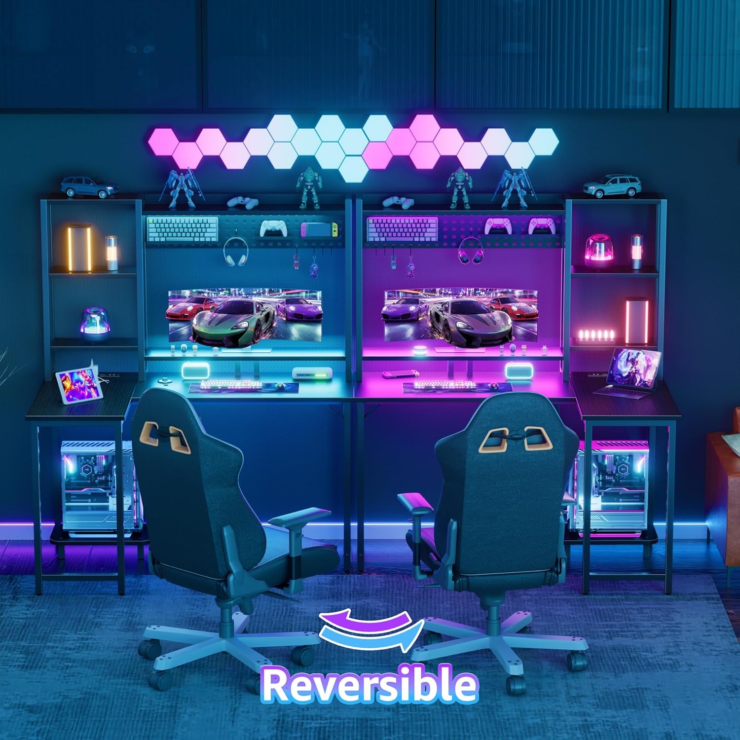 L Shaped Gaming Desk with Shelves - 48 Inch Corner Computer Desks with Storage Hutch Shelf Reversible Pegboard Led Lights Power Outlets PC Monitor Stand for Bedroom, Black