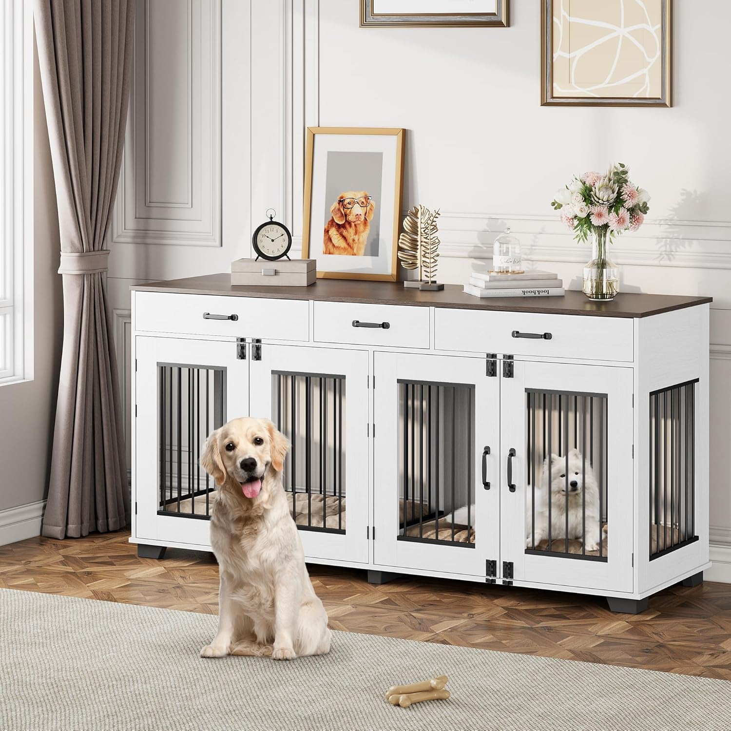 71'' Dog Crate Furniture, Wooden Indoor Dog Kennel for 2 Dogs with 3 Drawers and Removable Room Divider, XXL Double Dog Crate TV Stand End Table with Double Doors for Large Medium Dogs, Rustic Brown