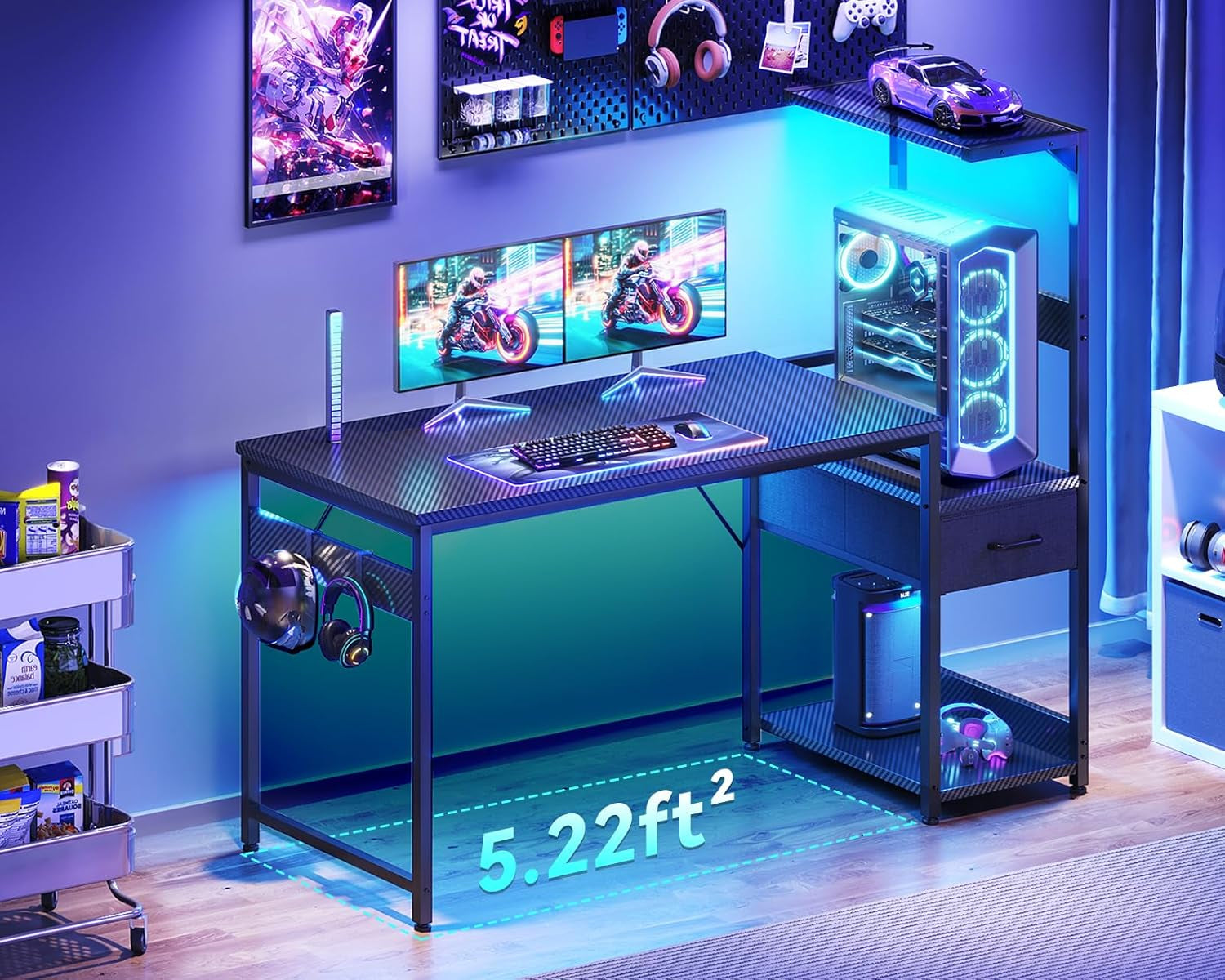 48 Inch Gaming Desk with Storage & LED Lights, Reversible Computer Desk with Display Shelves & Fabric Drawer, Modern Gamer Desk Table with Side Headphone Hook, Carbon Fiber Black