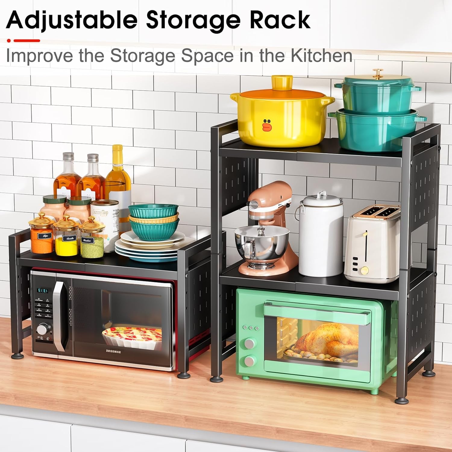 Microwave Stand, 3-Tier Expandable(17.4"- 27.4") Heavy Duty Adjustable Shelf Microwave Oven Rack, Kitchen Countertop Organizer and Storage with 9 Hooks & Cutting Board Holder, Holds up 180 Lbs, Black