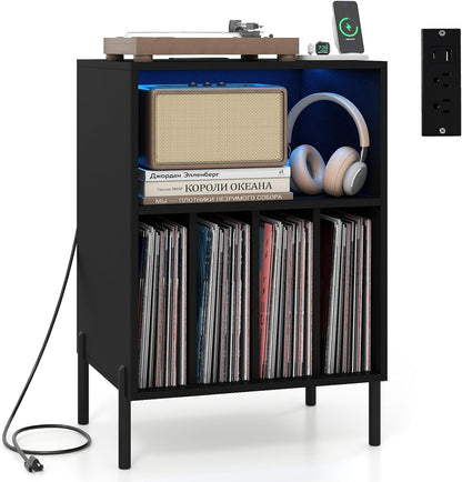 Record Player Stand with LED Lights, Turntable Stand with Charging Station, Vinyl Storage Holder with Sturdy Metal Legs, Album Display Shelf for Living Room, Bedroom (Black)