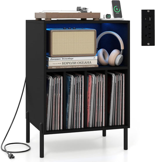 Record Player Stand with LED Lights, Turntable Stand with Charging Station, Vinyl Storage Holder with Sturdy Metal Legs, Album Display Shelf for Living Room, Bedroom (Black)