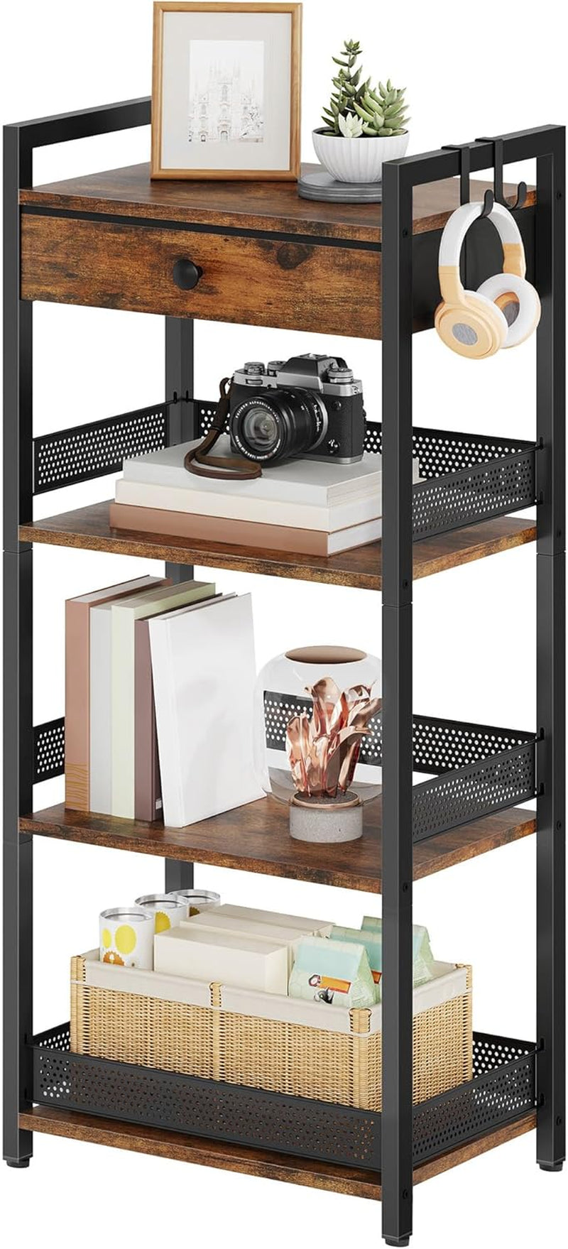 4 Tier Ladder Shelf Stand, Bookshelf with Drawer Storage, Decorative Display Shelves Wood & Metal, Plant Shelf, Standing Shelf Unit for Living Room Bedroom Office Kitchen, Rustic Brown