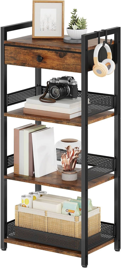 4 Tier Ladder Shelf Stand, Bookshelf with Drawer Storage, Decorative Display Shelves Wood & Metal, Plant Shelf, Standing Shelf Unit for Living Room Bedroom Office Kitchen, Rustic Brown