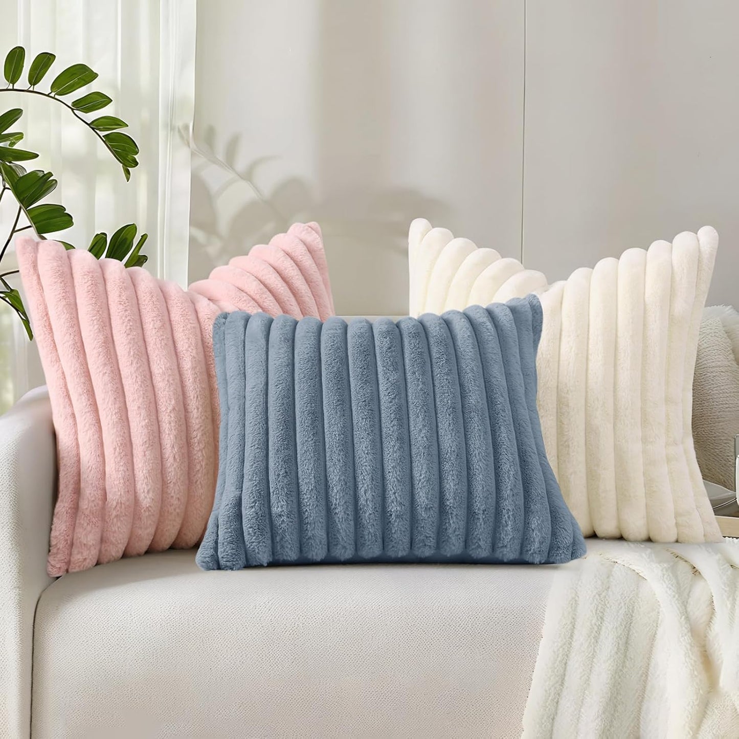 Faux Fur Spring Throw Pillow Covers 18X18 Set of 2, Decorative Soft Plush Striped Neutral Couch Euro Pillow Covers with Velvet Back for Sofa, Bed, Living Room Home Decor, Cream White
