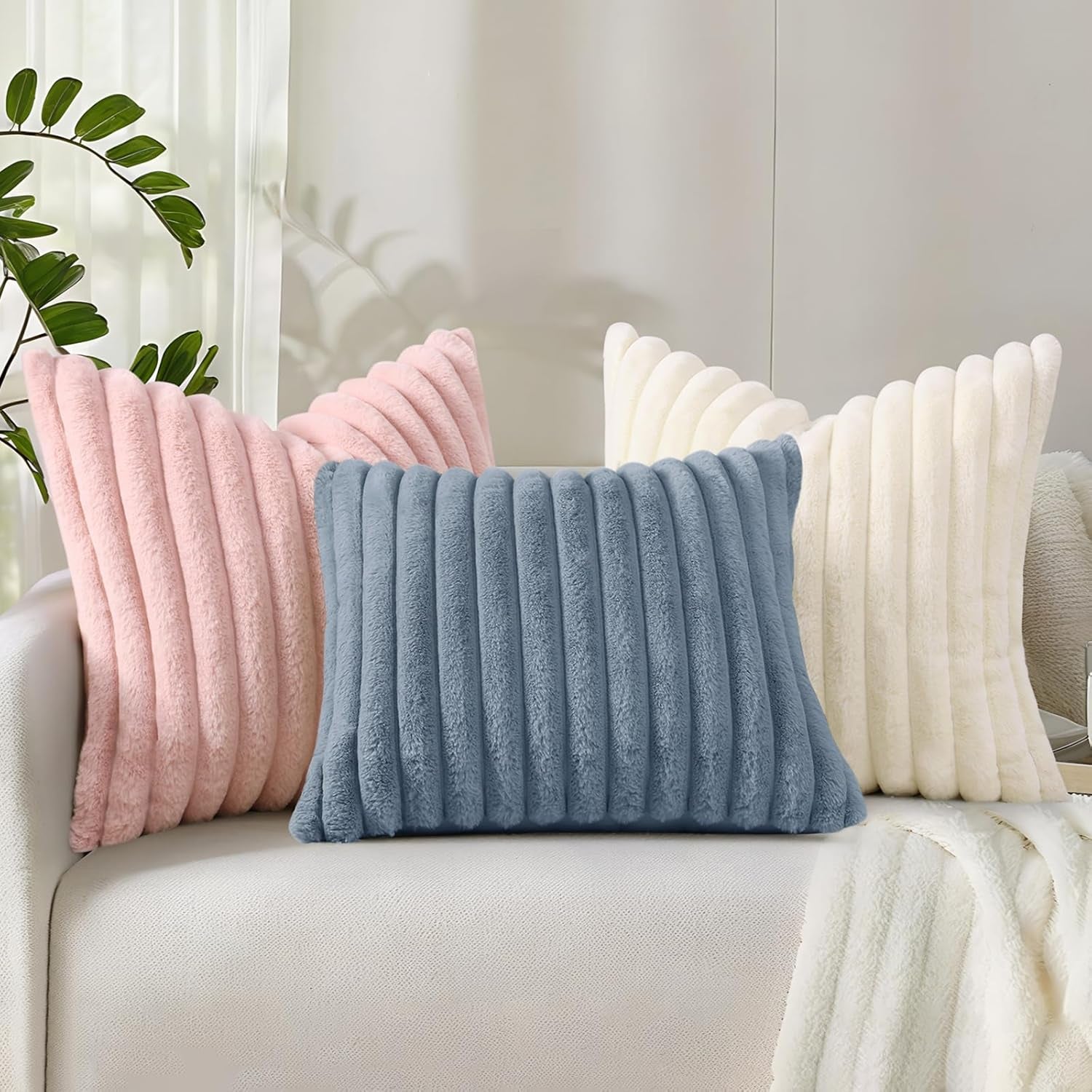 Faux Fur Spring Throw Pillow Covers 18X18 Set of 2, Decorative Soft Plush Striped Neutral Couch Euro Pillow Covers with Velvet Back for Sofa, Bed, Living Room Home Decor, Cream White