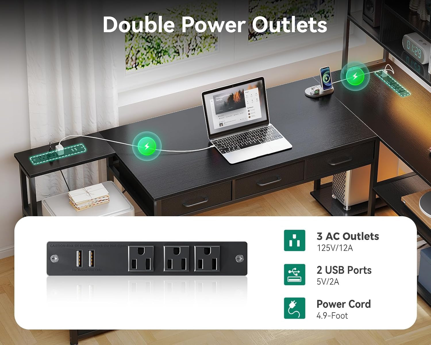 79 Inch L Shaped Desk with 5 Drawers, Reversible L Shaped Gaming Desk with LED Light & 2 Power Outlets, Computer Desk with Storage Shelves for Home Office, Black