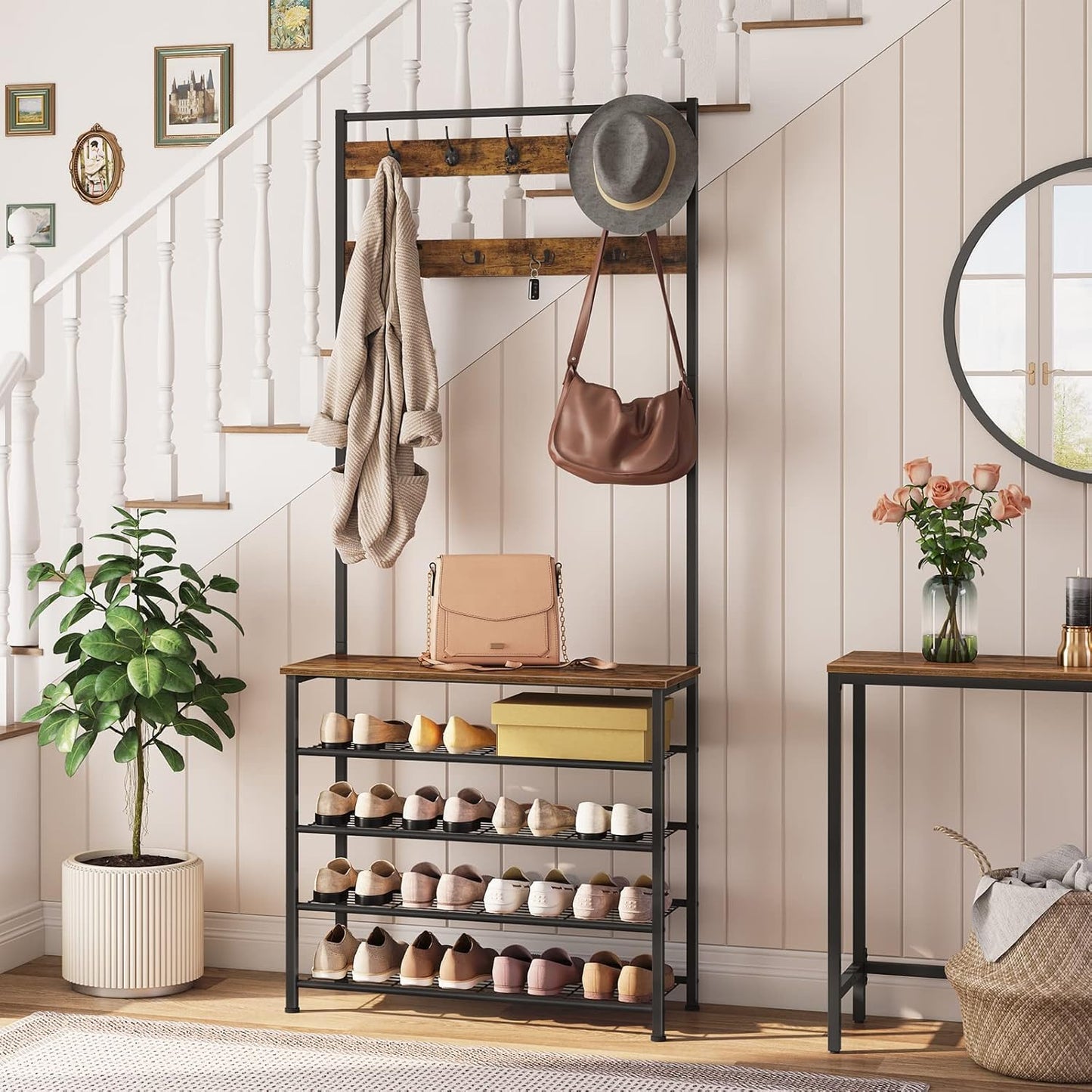 Hall Tree, Coat Rack with Shoe Rack, Hall Tree with Bench, 5 Tier Shoe Storage Organizer with 9 Hooks for Entryway, Closet, Sturdy, Industrial, Rustic Brown and Black BF80MT01G2