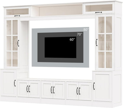 98" W Wall Unit TV Stand with Storage for Tvs up to 80", Modern TV Console with LED Lights, Entertainment Center with Bookshelves for Living Room, White
