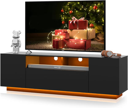 Modern TV Stand for 65 Inch TV, Entertainment Center with LED Lights & Large Storage Cabinets, Sturdy Media Console for Living Room, Bedroom, Gaming(Black)