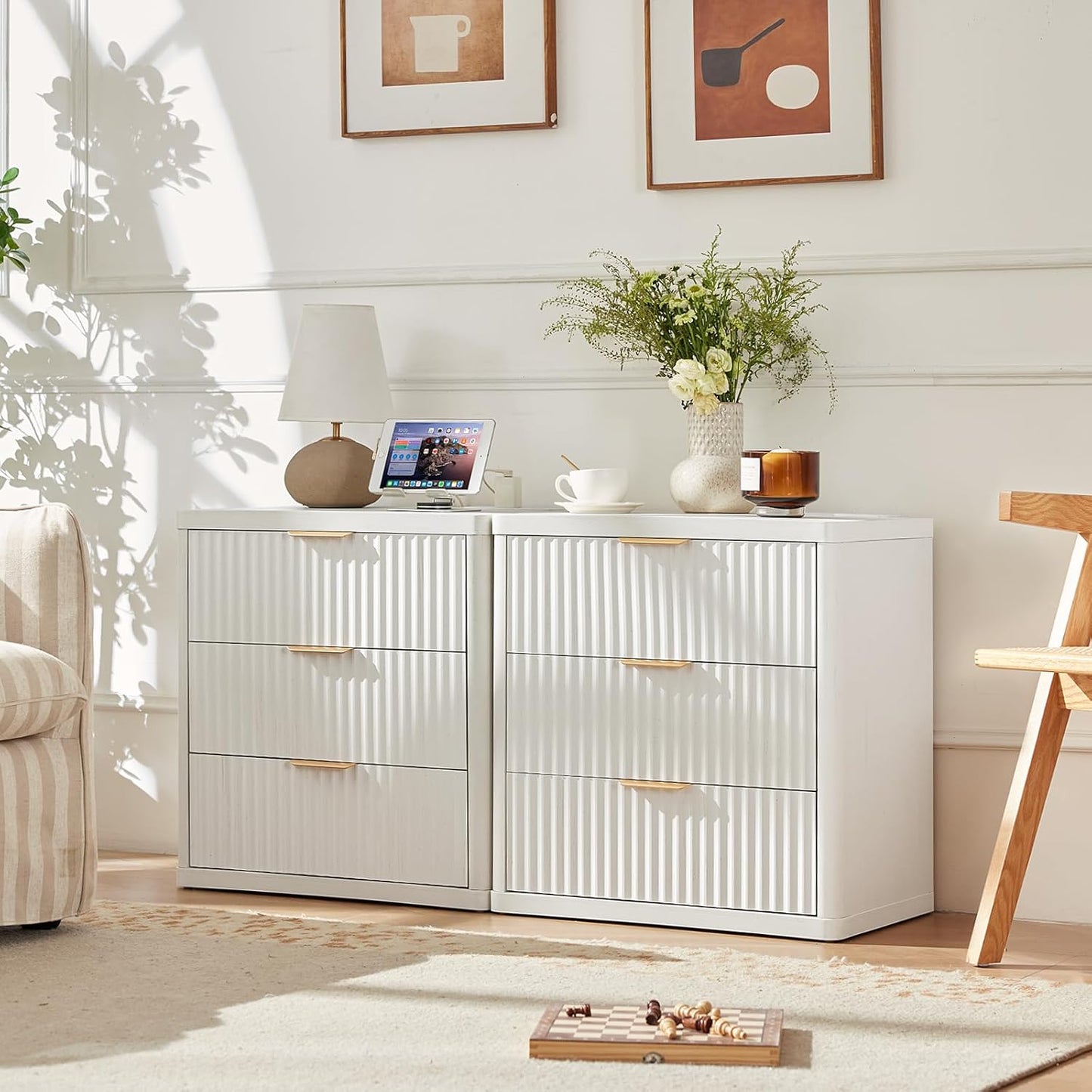 23" Wide Fluted Farmhouse Night Stand Set of 2 with Charging Station, 3 Drawers Large End Table W/Metal Handle,White Nightstand Bedside Table,Wood Dresser for Bedroom, Closet