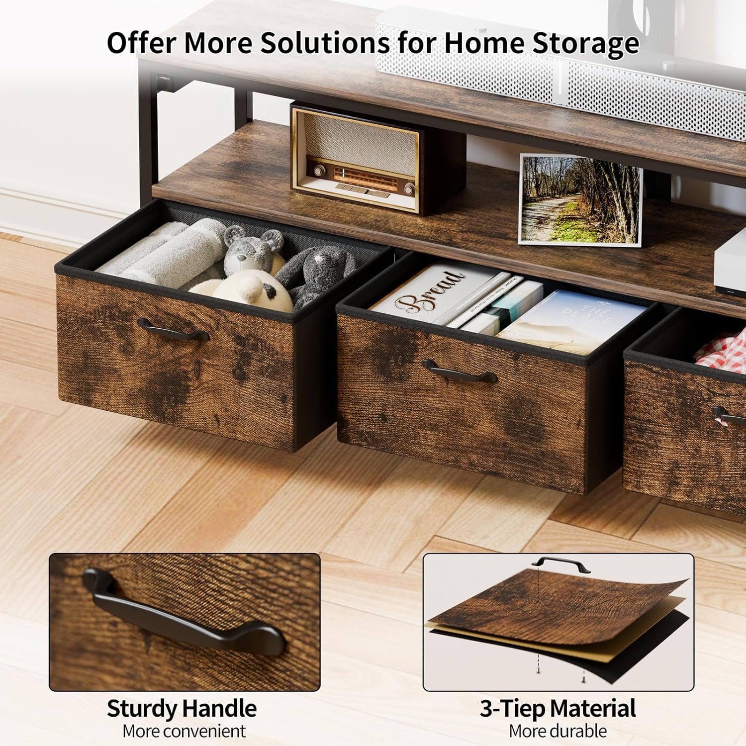 TV Stand with Mount and Power Outlet, TV Stand with Drawers Storage for Living Room Bedroom, LED Entertainment Center for 45/55/60/65 Inch, Height Adjustable Media Console, Rustic