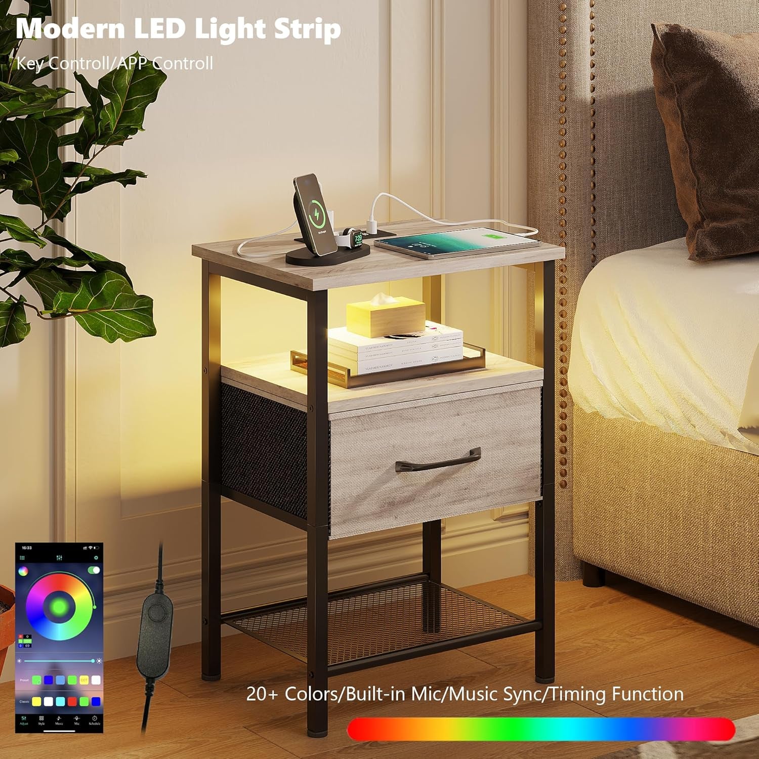 Night Stand Set 2, End Table with Charging Station, LED Bedside Table with Fabric Drawer for Bedroom, 3-Tier Side Table with Open Shelf, Greige