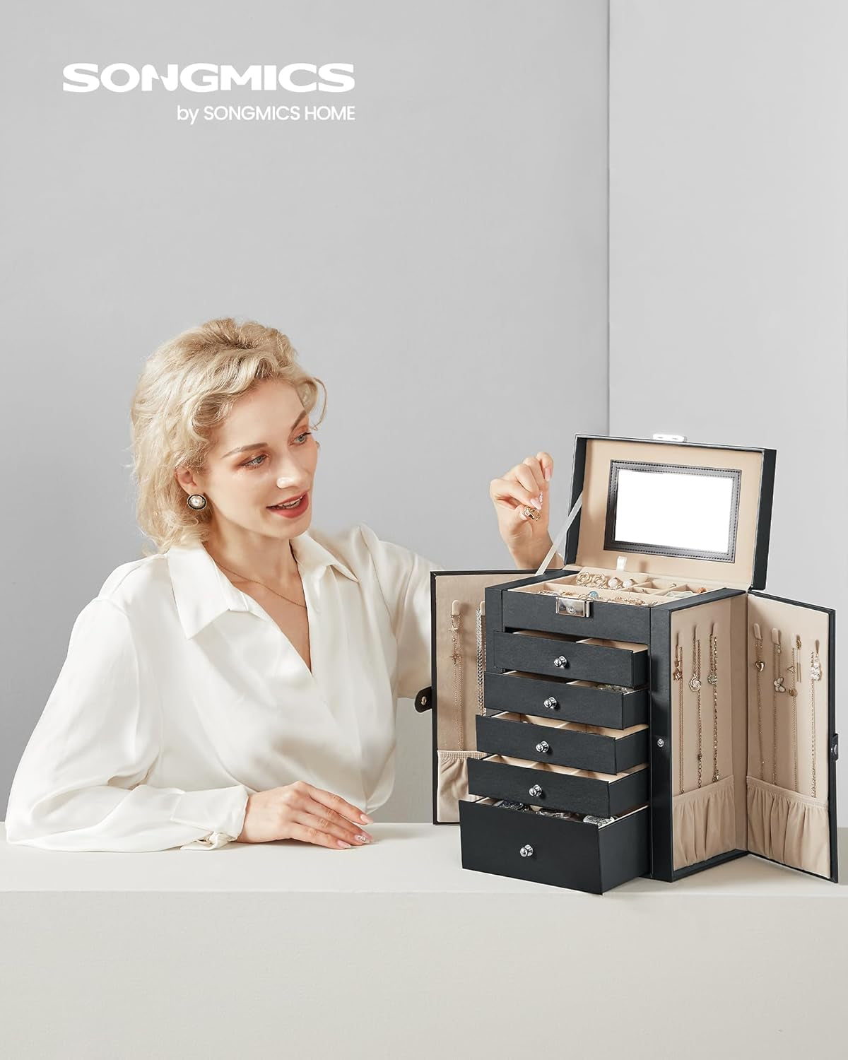6 Tier Jewelry Box, Jewelry Storage Organizer with 5 Drawers, Large Storage Capacity, with Mirror, Lockable, Jewelry Case, Gift for Loved Ones, for Watches, Black UJBC152B01