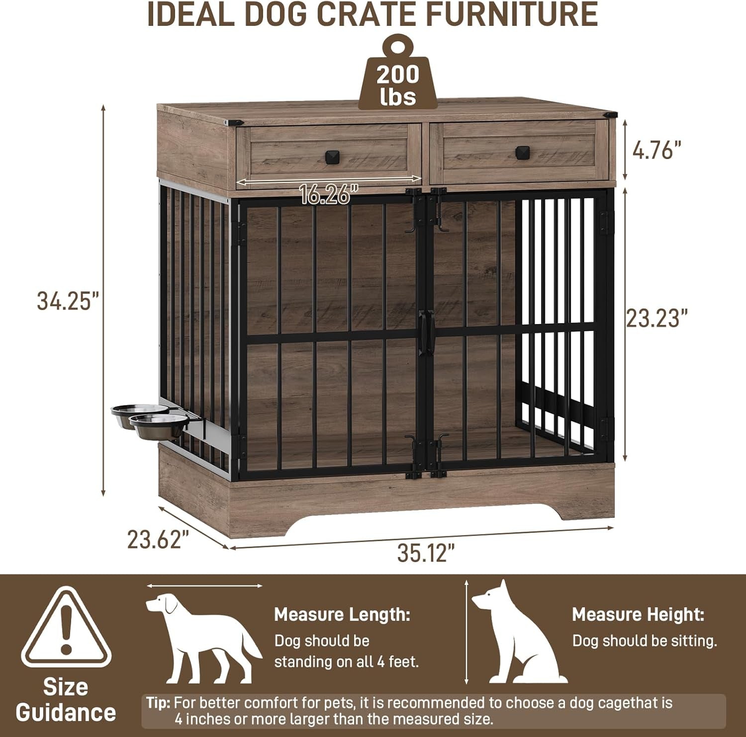 Dog Crate Furniture, 35 Inch Dog Kennel Indoor Furniture with Storage Drawers Rustic Pet Cage End Table with 2 Adjustable Bowls for Small/Medium/Large Dogs