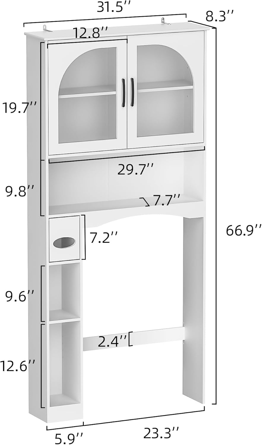 Over the Toilet Storage Cabinet, Bathroom Organizer over Toilet with Glass Doors, Storage Organizer Cabinet with Anti-Tip Device and Adjustable Shelf for Bathroom, White