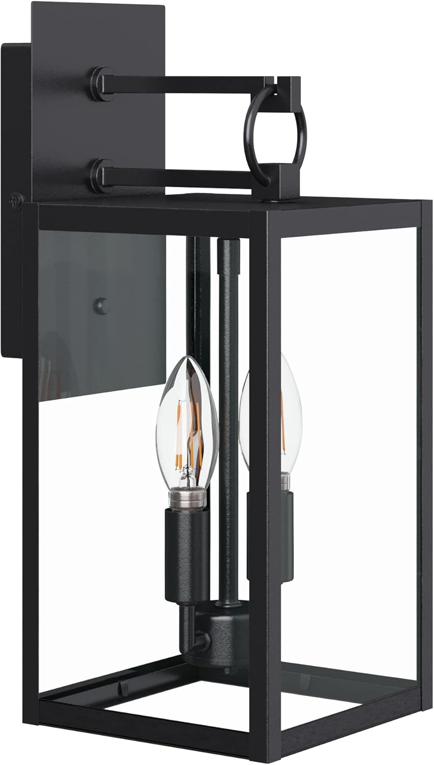 Ferris Outdoor Black Wall Sconce Light Fixture, Porch Lantern for Exterior with Iron Frame and Clear Glass Shade, Black/Clear