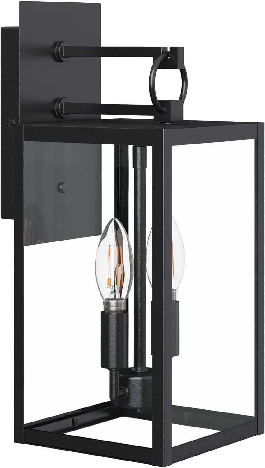 Ferris Outdoor Black Wall Sconce Light Fixture, Porch Lantern for Exterior with Iron Frame and Clear Glass Shade, Black/Clear