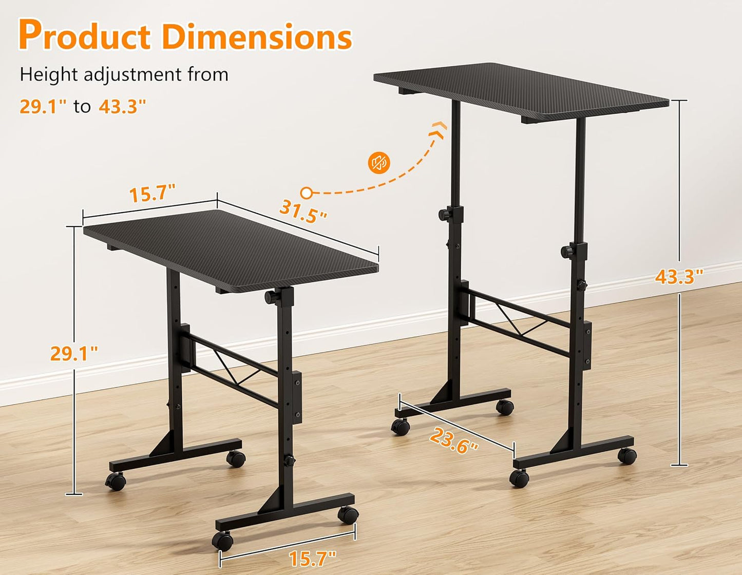 Standing Desk, 32 Inch Portable Small Desk Adjustable Height, Rolling Home Office Desks with Wheels, Sit Stand Desk for Bedroom Walking Pad Home Office Small Space, Black