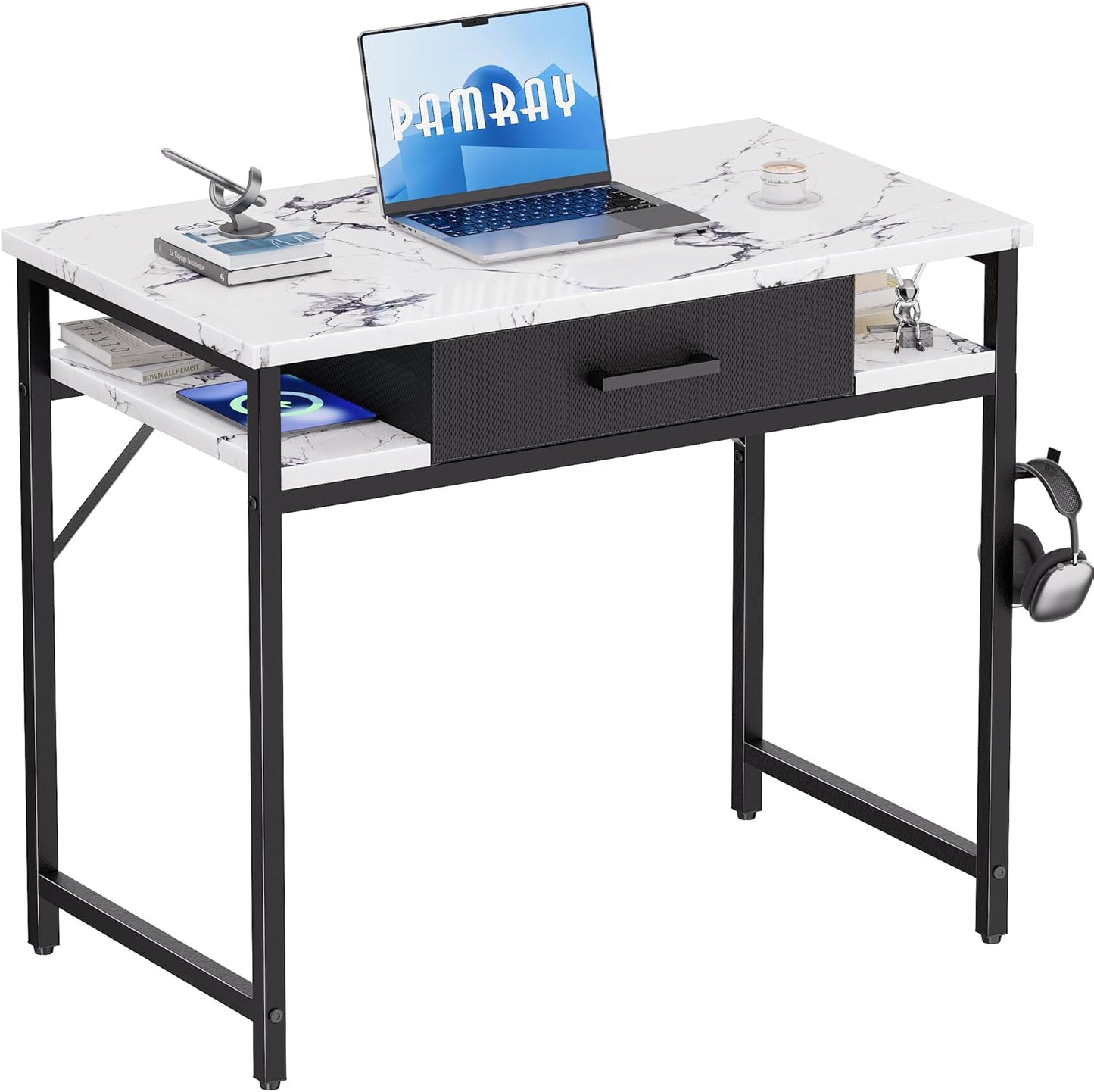 32 Inch Small Computer Desk with Drawer and Shelves Simple Study Work Table for Bedroom Marble