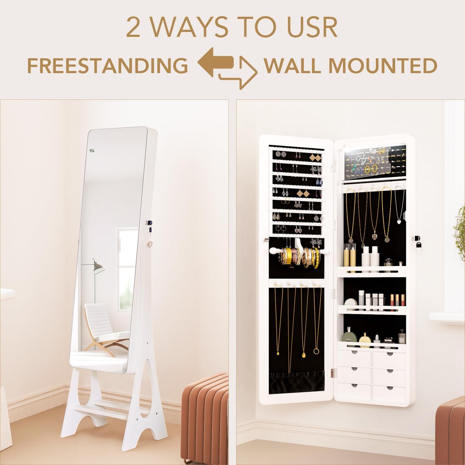 Mirror Jewelry Cabinet Standing, Full Length Mirror Jewelry Armoire Jewelry Organizer Lockable Jewelry Storage for Women Girl Full-Length Frameless LED Lights 6 Drawers Lockable White