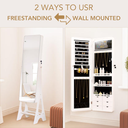 Mirror Jewelry Cabinet Standing, Full Length Mirror Jewelry Armoire Jewelry Organizer Lockable Jewelry Storage for Women Girl Full-Length Frameless LED Lights 6 Drawers Lockable White