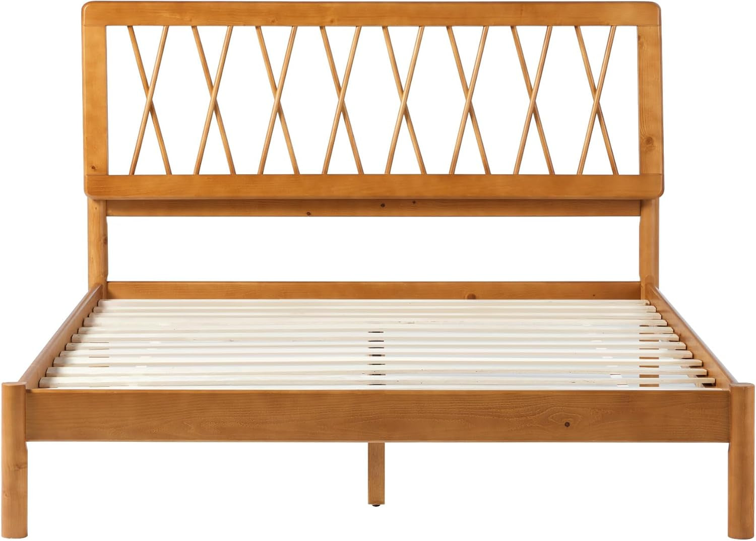 Queen Transitional Geometric X Pattern Headboard Solid Wood Bed, Queen Size, Caramel