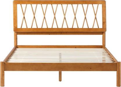 Queen Transitional Geometric X Pattern Headboard Solid Wood Bed, Queen Size, Caramel