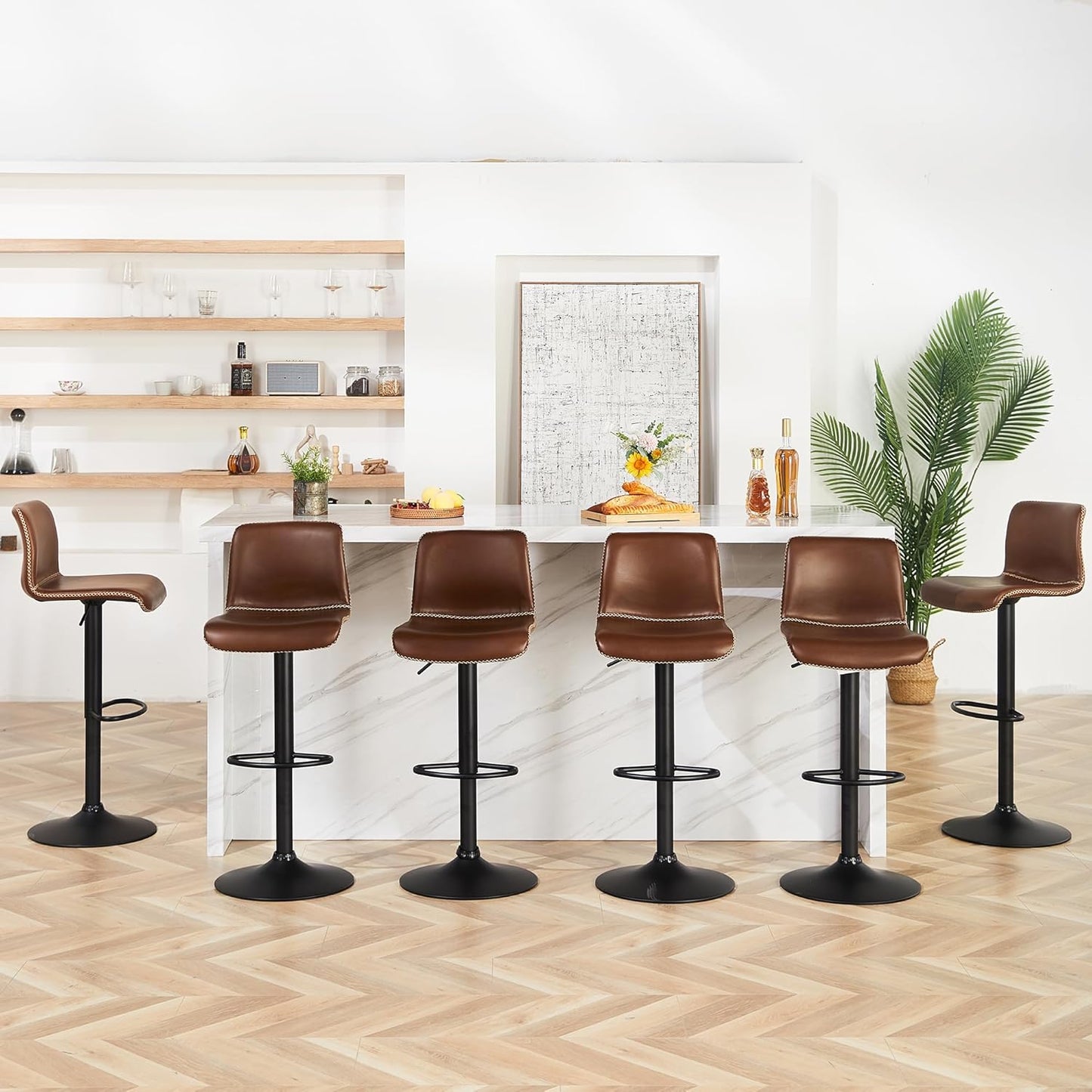 Bar Stools Set of 3, Swivel Counter Height Barstools with Back, Adjustable Height 24" to 32", Brown Faux Leather Bar Chairs for Kitchen Island (Brown, Set of 3 (24'' to 32''))
