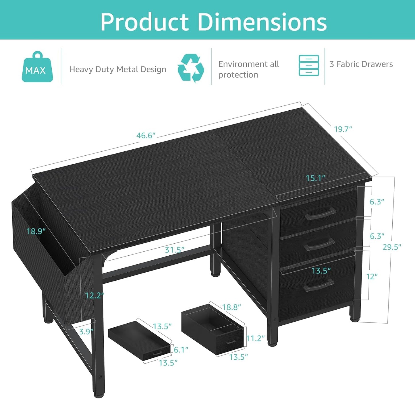 Computer Desk with File Drawers Cabinet, 47 Inch Reversible Home Office Desks with Filing Cabinet for Small Space, Gaming Study Writing Table PC Desks, Black