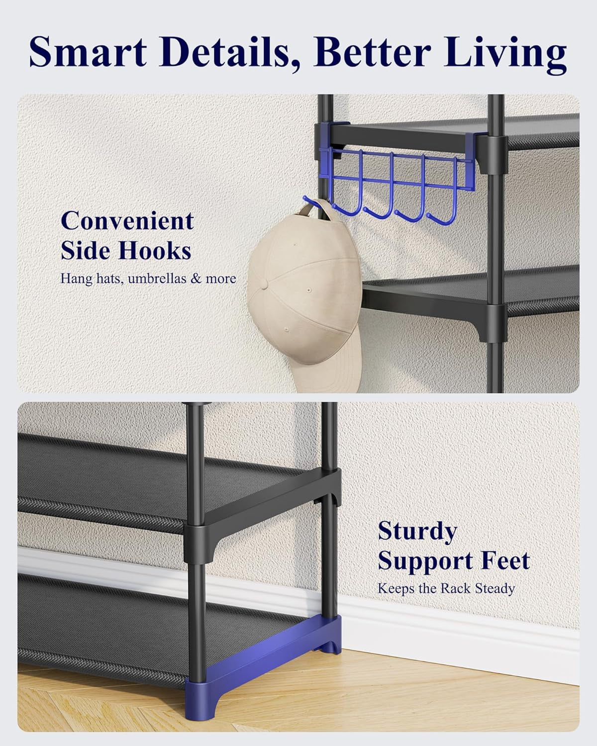 Shoe Rack for Closet - 10-Tier Shoe Organizer with Hook Rack, Large-Capacity & Space-Saving Shoe Shelf for Entryway, Bedroom, Living Room,32.2" X 11.8" X 68.5", Black