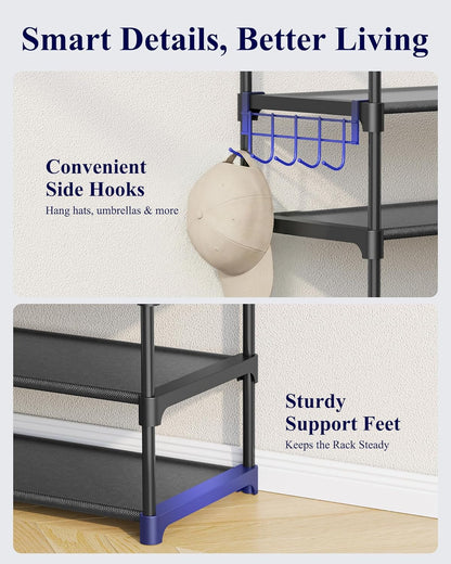 Shoe Rack for Closet - 10-Tier Shoe Organizer with Hook Rack, Large-Capacity & Space-Saving Shoe Shelf for Entryway, Bedroom, Living Room,32.2" X 11.8" X 68.5", Black
