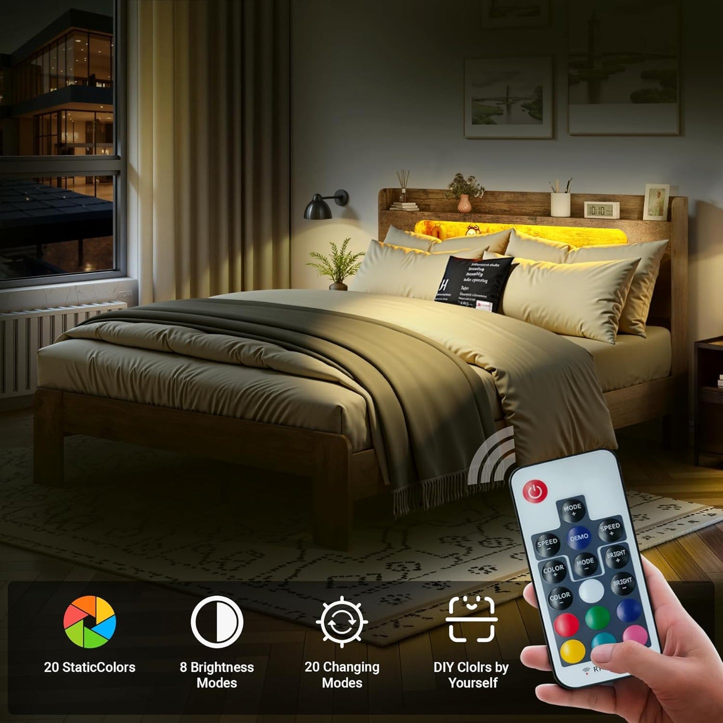 Wooden Queen Size Bed Frame with Storage Headboard, Rustic Farmhouse Platform Bed Frame Queen with Charging Station & LED Lights, 12 Wood Slats Support, No Box Spring Needed,Dark Brown