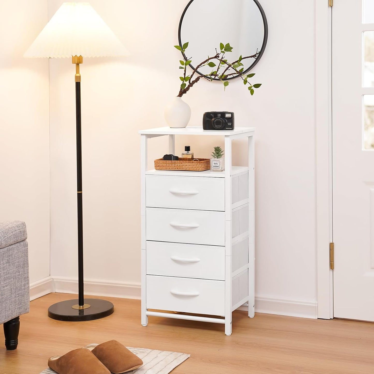 Night Stand - LED White Nightstand with Charging Station, Bedside Table with 4 Storage Drawers and Storage Shelf, End Table with USB Ports and Outlets, Tall Dresser for Bedroom