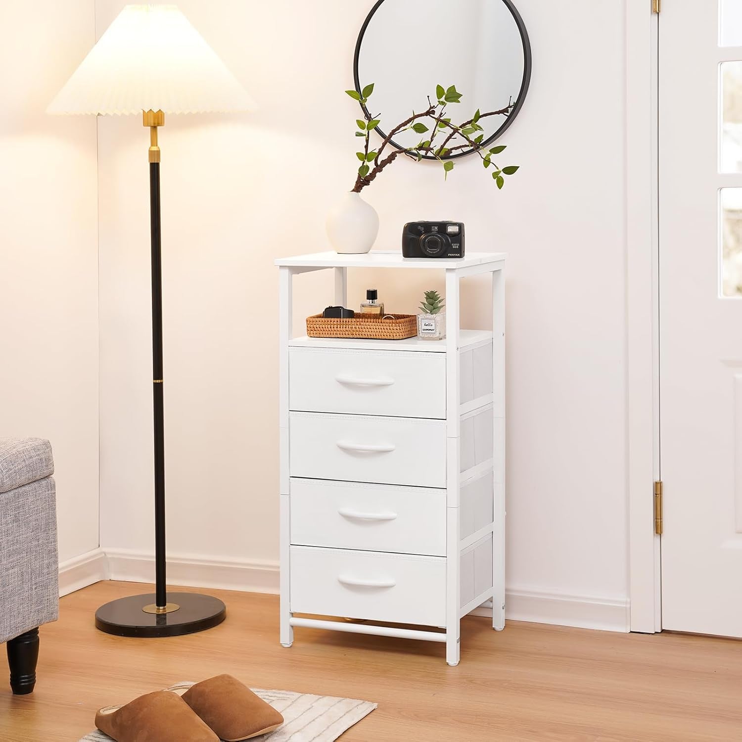 Night Stand - LED White Nightstand with Charging Station, Bedside Table with 4 Storage Drawers and Storage Shelf, End Table with USB Ports and Outlets, Tall Dresser for Bedroom