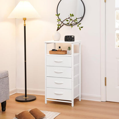 Night Stand - LED White Nightstand with Charging Station, Bedside Table with 4 Storage Drawers and Storage Shelf, End Table with USB Ports and Outlets, Tall Dresser for Bedroom