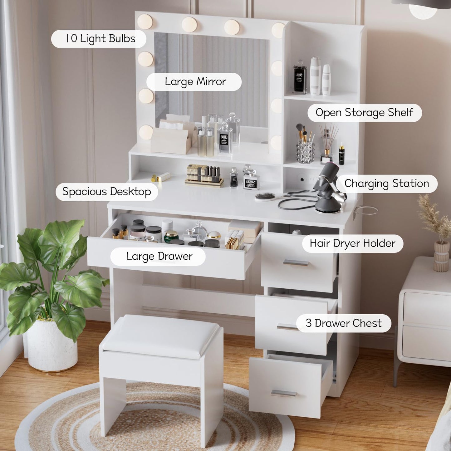 Vanity Desk with Mirror, Power Outlet and 10 Lights, Makeup Table with 4 Drawers, 3 Color Modes Available for Bedroom, White