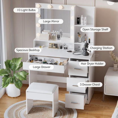 Vanity Desk with Mirror, Power Outlet and 10 Lights, Makeup Table with 4 Drawers, 3 Color Modes Available for Bedroom, White
