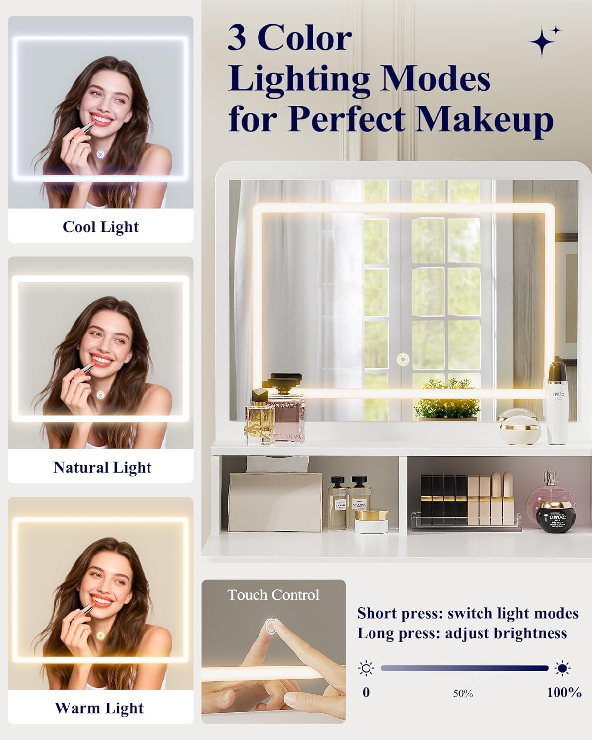Vanity Desk with Mirror and Lights - Large Capacity Makeup Vanity with 4 Fabric Storage Drawers & 3 Lighting Modes, Vanity Table Set with Sturdy Metal Frame for Bedroom, White, 35" X 17" X 52"